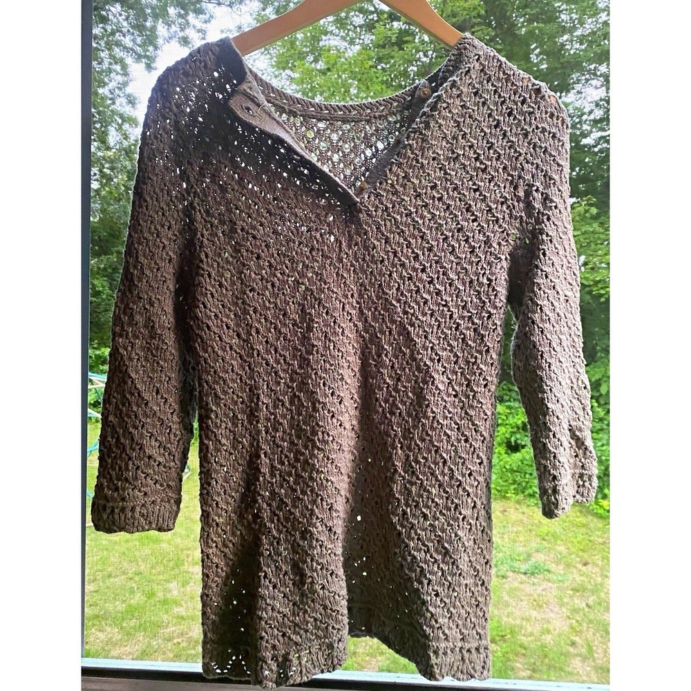 Fat Face Women's Gray Open-Knit Crochet V-Neck Pullover Sweater 3/4 Sleeve 12